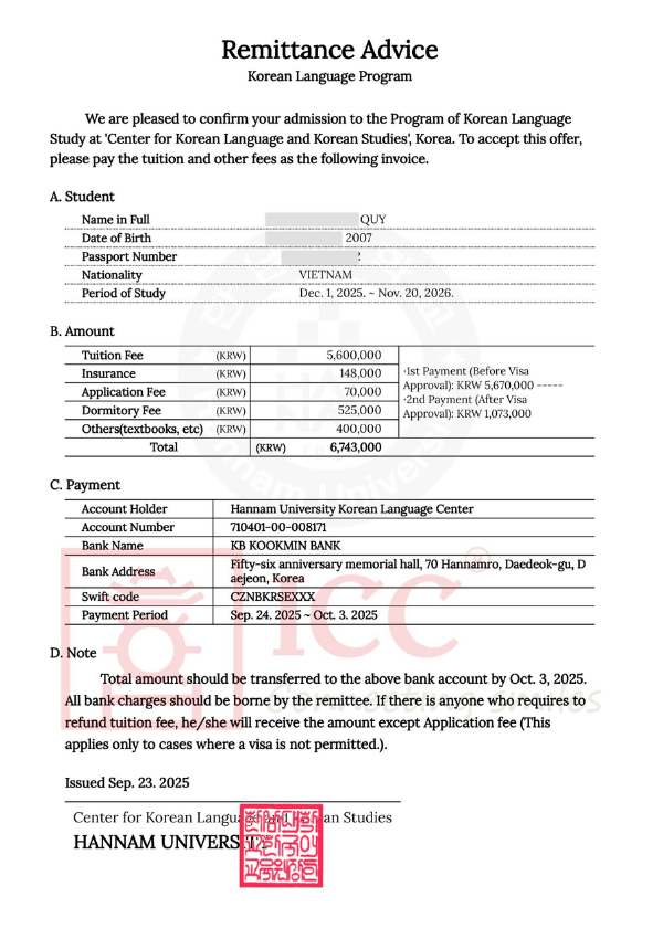 Invoice du học Hàn Quốc của Đại học Hannam