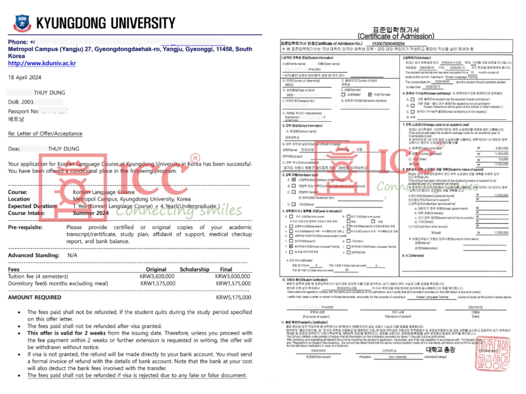 Những mục thường có trong invoice du học Hàn Quốc